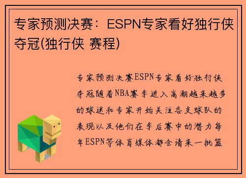 专家预测决赛：ESPN专家看好独行侠夺冠(独行侠 赛程)